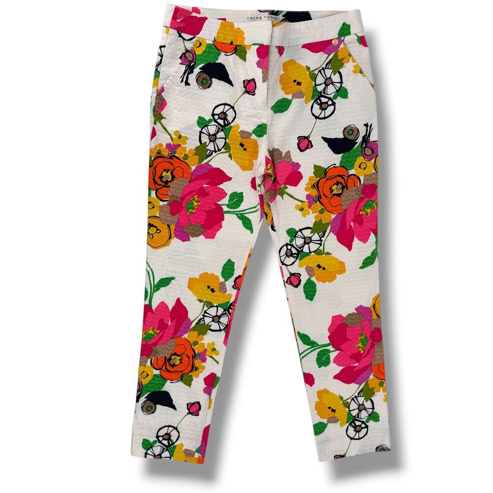 Trina Turk Floral Crop Pants Womens Size 4 White Cotton Stretch 2002509PW1